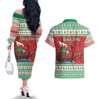 Wales Viking Santa Christmas Couples Matching Off The Shoulder Long Sleeve Dress and Hawaiian Shirt Funny Reindeer Norse Xmas - Wonder Print Shop