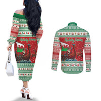 Wales Viking Santa Christmas Couples Matching Off The Shoulder Long Sleeve Dress and Long Sleeve Button Shirt Funny Reindeer Norse Xmas - Wonder Print Shop