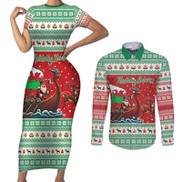Wales Viking Santa Christmas Couples Matching Short Sleeve Bodycon Dress and Long Sleeve Button Shirt Funny Reindeer Norse Xmas - Wonder Print Shop