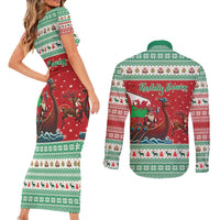 Wales Viking Santa Christmas Couples Matching Short Sleeve Bodycon Dress and Long Sleeve Button Shirt Funny Reindeer Norse Xmas - Wonder Print Shop