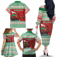 Wales Viking Santa Christmas Family Matching Off The Shoulder Long Sleeve Dress and Hawaiian Shirt Funny Reindeer Norse Xmas - Wonder Print Shop