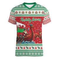 Wales Viking Santa Christmas Women V-Neck T-Shirt Funny Reindeer Norse Xmas - Wonder Print Shop