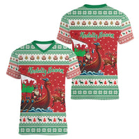 Wales Viking Santa Christmas Women V-Neck T-Shirt Funny Reindeer Norse Xmas - Wonder Print Shop