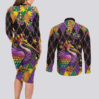 Pelican Mardi Gras Carnival Couples Matching Long Sleeve Bodycon Dress and Long Sleeve Button Shirt Fat Tuesday - Wonder Print Shop