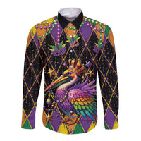 Pelican Mardi Gras Carnival Long Sleeve Button Shirt Fat Tuesday - Wonder Print Shop