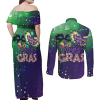 Mardi Gras Masquerade Mask Couples Matching Off Shoulder Maxi Dress and Long Sleeve Button Shirt NOLA Vibe - Wonder Print Shop