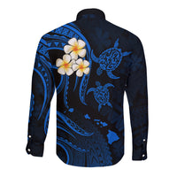 Personalised Niihau Hawaii Long Sleeve Button Shirt Polynesian Tattoo and Pacific Plumeria Blue Vibe - Wonder Print Shop