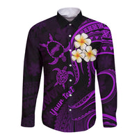 Personalised Niihau Hawaii Long Sleeve Button Shirt Polynesian Tattoo and Pacific Plumeria Purple Vibe - Wonder Print Shop