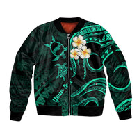Personalised Niihau Hawaii Sleeve Zip Bomber Jacket Polynesian Tattoo and Pacific Plumeria Turquoise Vibe - Wonder Print Shop