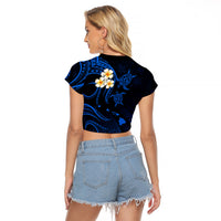 Personalised Molokai Hawaii Raglan Cropped T Shirt Polynesian Tattoo and Pacific Plumeria Blue Vibe - Wonder Print Shop
