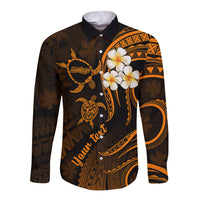Personalised Molokai Hawaii Long Sleeve Button Shirt Polynesian Tattoo and Pacific Plumeria Gold Vibe - Wonder Print Shop