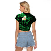 Personalised Molokai Hawaii Raglan Cropped T Shirt Polynesian Tattoo and Pacific Plumeria Green Vibe - Wonder Print Shop