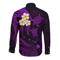 Personalised Molokai Hawaii Long Sleeve Button Shirt Polynesian Tattoo and Pacific Plumeria Purple Vibe - Wonder Print Shop