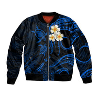 Personalised Lanai Hawaii Sleeve Zip Bomber Jacket Polynesian Tattoo and Pacific Plumeria Blue Vibe - Wonder Print Shop