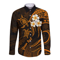 Personalised Lanai Hawaii Long Sleeve Button Shirt Polynesian Tattoo and Pacific Plumeria Gold Vibe - Wonder Print Shop