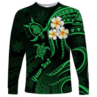 Personalised Lanai Hawaii Long Sleeve Shirt Polynesian Tattoo and Pacific Plumeria Green Vibe - Wonder Print Shop
