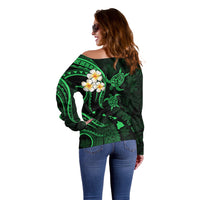 Personalised Lanai Hawaii Off Shoulder Sweater Polynesian Tattoo and Pacific Plumeria Green Vibe - Wonder Print Shop