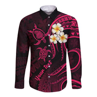 Personalised Lanai Hawaii Long Sleeve Button Shirt Polynesian Tattoo and Pacific Plumeria Pink Vibe - Wonder Print Shop