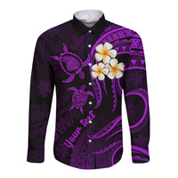 Personalised Lanai Hawaii Long Sleeve Button Shirt Polynesian Tattoo and Pacific Plumeria Purple Vibe - Wonder Print Shop