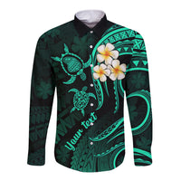 Personalised Lanai Hawaii Long Sleeve Button Shirt Polynesian Tattoo and Pacific Plumeria Turquoise Vibe - Wonder Print Shop