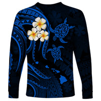 Personalised Kauai Hawaii Long Sleeve Shirt Polynesian Tattoo and Pacific Plumeria Blue Vibe - Wonder Print Shop
