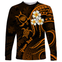 Personalised Kauai Hawaii Long Sleeve Shirt Polynesian Tattoo and Pacific Plumeria Gold Vibe - Wonder Print Shop
