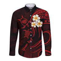 Personalised Kauai Hawaii Long Sleeve Button Shirt Polynesian Tattoo and Pacific Plumeria Red Vibe - Wonder Print Shop