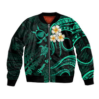 Personalised Kauai Hawaii Sleeve Zip Bomber Jacket Polynesian Tattoo and Pacific Plumeria Turquoise Vibe - Wonder Print Shop