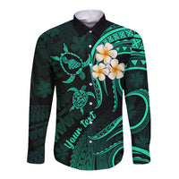 Personalised Maui Hawaii Long Sleeve Button Shirt Polynesian Tattoo and Pacific Plumeria Turquoise Vibe - Wonder Print Shop