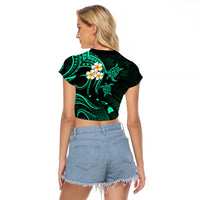 Personalised Maui Hawaii Raglan Cropped T Shirt Polynesian Tattoo and Pacific Plumeria Turquoise Vibe - Wonder Print Shop