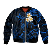 Personalised Oahu Hawaii Sleeve Zip Bomber Jacket Polynesian Tattoo and Pacific Plumeria Blue Vibe - Wonder Print Shop