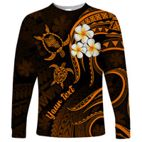 Personalised Oahu Hawaii Long Sleeve Shirt Polynesian Tattoo and Pacific Plumeria Gold Vibe - Wonder Print Shop