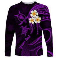 Personalised Oahu Hawaii Long Sleeve Shirt Polynesian Tattoo and Pacific Plumeria Purple Vibe - Wonder Print Shop
