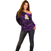 Personalised Oahu Hawaii Off Shoulder Sweater Polynesian Tattoo and Pacific Plumeria Purple Vibe - Wonder Print Shop