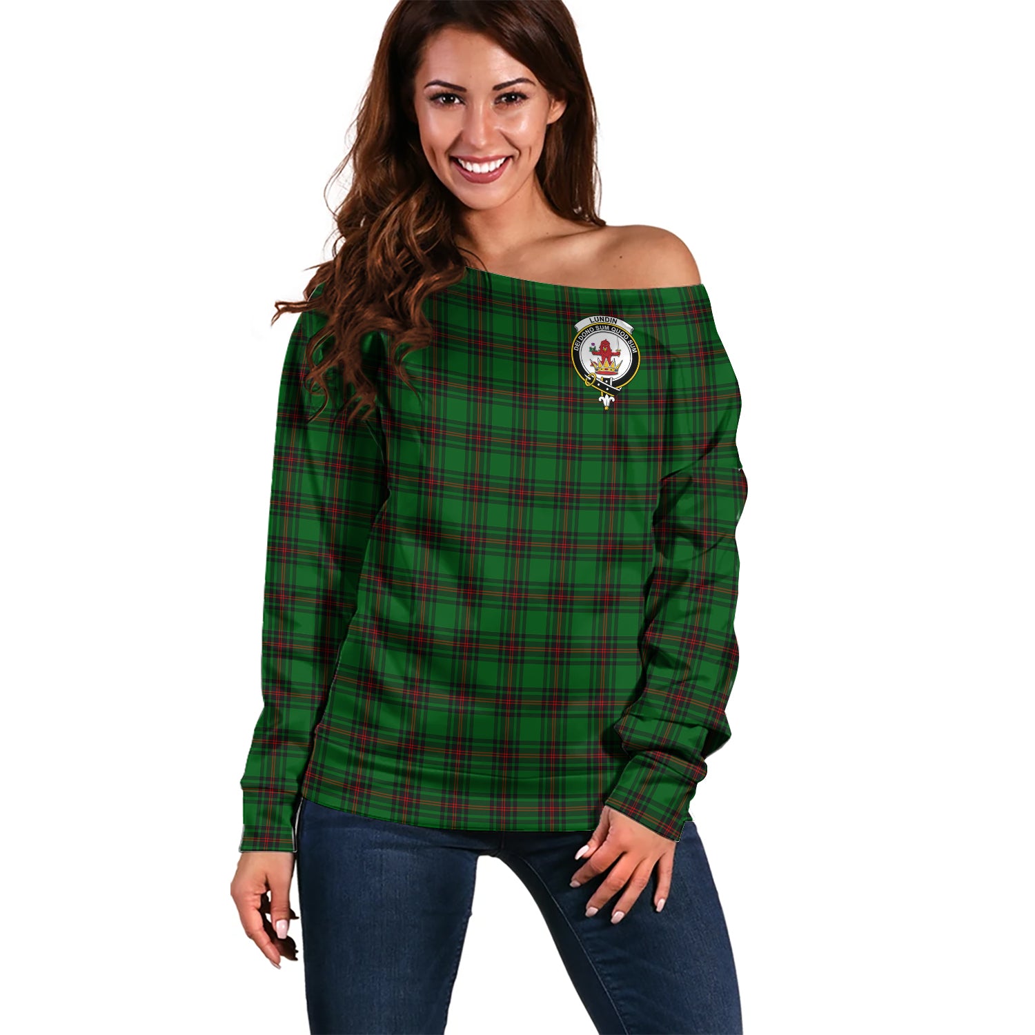 lundin-clan-tartan-off-shoulder-sweater-family-crest-sweater-for-women