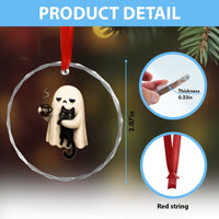 Meh Boojee Sleepy Ghost Holding Black Cat Drinking Coffee Crystal Glass Ornament Spooky Halloween Cute Autumn Morning Mood Graphic
