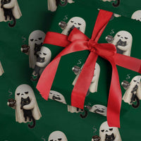 Meh Boojee Sleepy Ghost Holding Black Cat Drinking Coffee Wrapping Paper Roll Spooky Halloween Cute Autumn Morning Mood Graphic