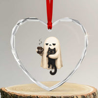 Meh Boojee Sleepy Ghost Holding Black Cat Drinking Coffee Heart Crystal Glass Ornament Spooky Halloween Cute Autumn Morning Mood Graphic
