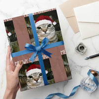 Meowy Christmas Wrapping Paper Roll Xmas Silly Staring Cat Meme Santa Hat - Wonder Print Shop