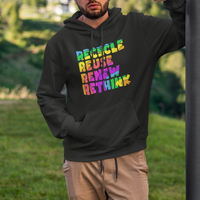 Black hoodie with multicolor "Recycle Reuse Renew Rethink" graphic on front pocket area