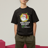 Black graphic t-shirt with Santa “Mid-Year Report” text and green checkmark