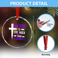 My God Is Stronger Than Alzheimers Crystal Glass Ornament Christian Purple Ribbon Faith Support