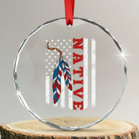 Native American Feathers Vintage USA Flag Crystal Glass Ornament Proud Indigenous People