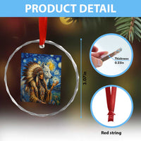 Native American Woman And White Wolf Crystal Glass Ornament Starry Night Inspired Art