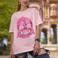 Sugar Skull Breast Cancer T Shirt Pink Ribbon Support Squad Breast Cancer Warrior Girls Women - Wonder Print Shop