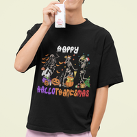 Hallothanksmas T Shirt Halloween Thanksgiving Christmas HalloThanksMas Skeleton - Wonder Print Shop