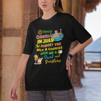 Black crew-neck T-shirt worn by a model, featuring Christmas in July Santa graphic