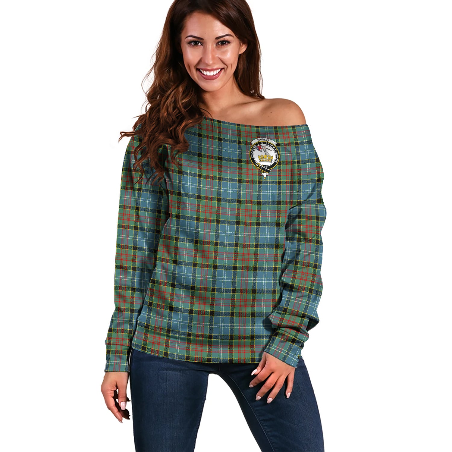 paisley-clan-tartan-off-shoulder-sweater-family-crest-sweater-for-women