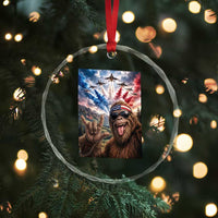 Patriotic Bigfoot 4th Of July Selfie Crystal Glass Ornament Funny USA Freedom Jet Fighter Graphic
