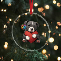 Pitbull Mom Crystal Glass Ornament Cute Puppy Hugging Heart Love Dog TS12